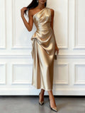 Champagne 3D Floral Ruched Satin One Shoulder Sleeveless Sheath Floor-length Gown Dress