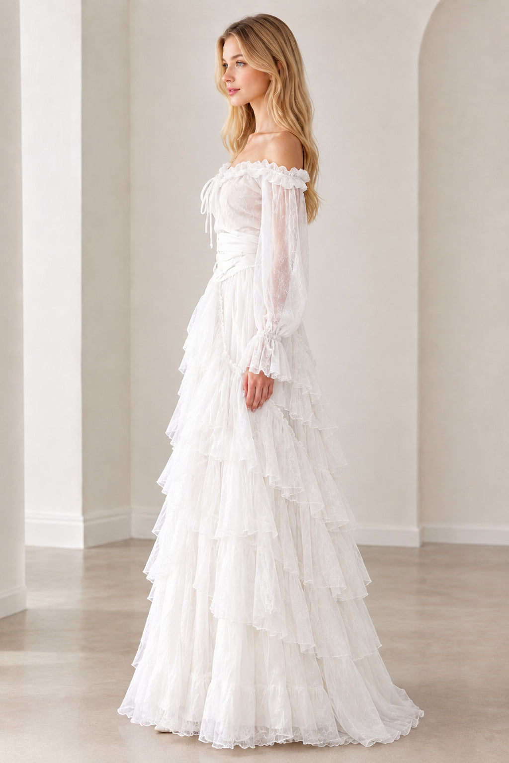Off-Shoulder Corset Tiered Ruffle Maxi Dress with Sheer Long Sleeves