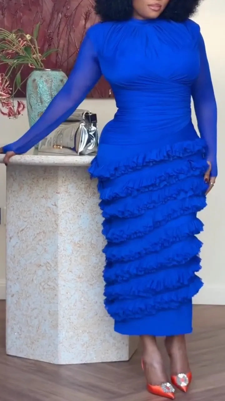 Royal Blue Mesh Ruffled Midi Dress