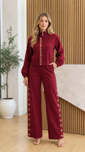 Chic Stand Collar Top and Wide-Leg Pants Set with Gold-Tone Accents