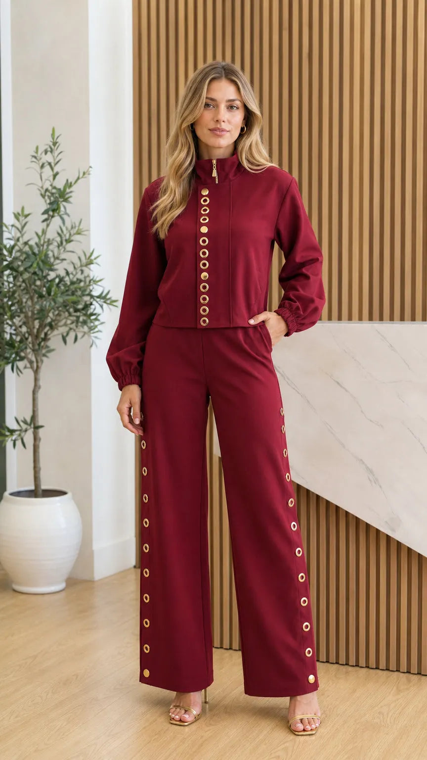 Chic Stand Collar Top and Wide-Leg Pants Set with Gold-Tone Accents