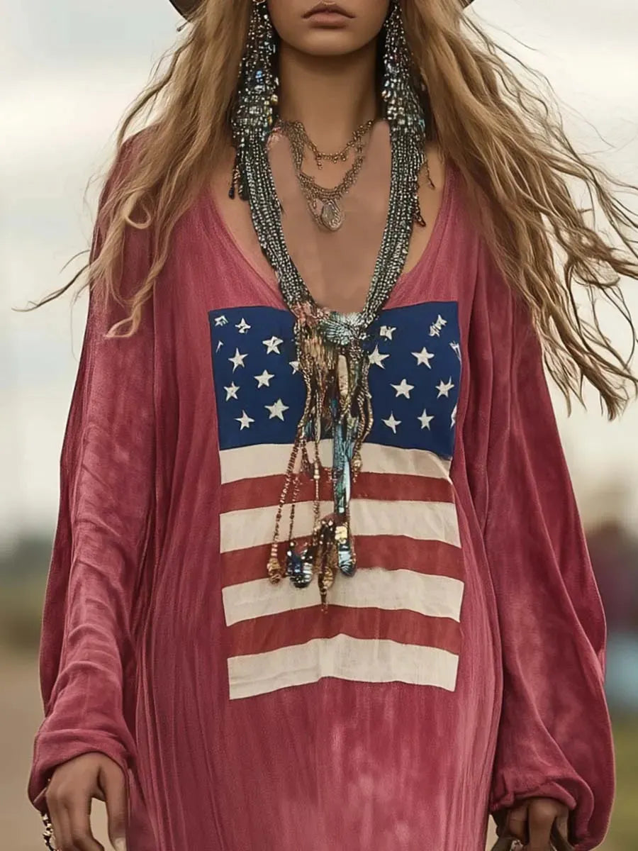 Vintage Casual Western Long Sleeve Flag Print Pink Cotton Loose Maxi Dress