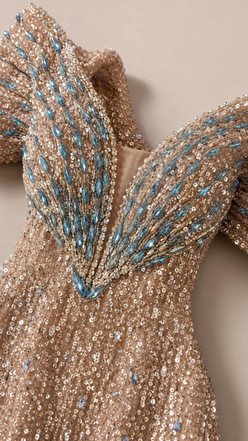 Deep Plunge Embellished Sequin Mermaid Evening Gown