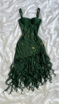 Dark Green Beaded Floral Ruffled Midi Dress