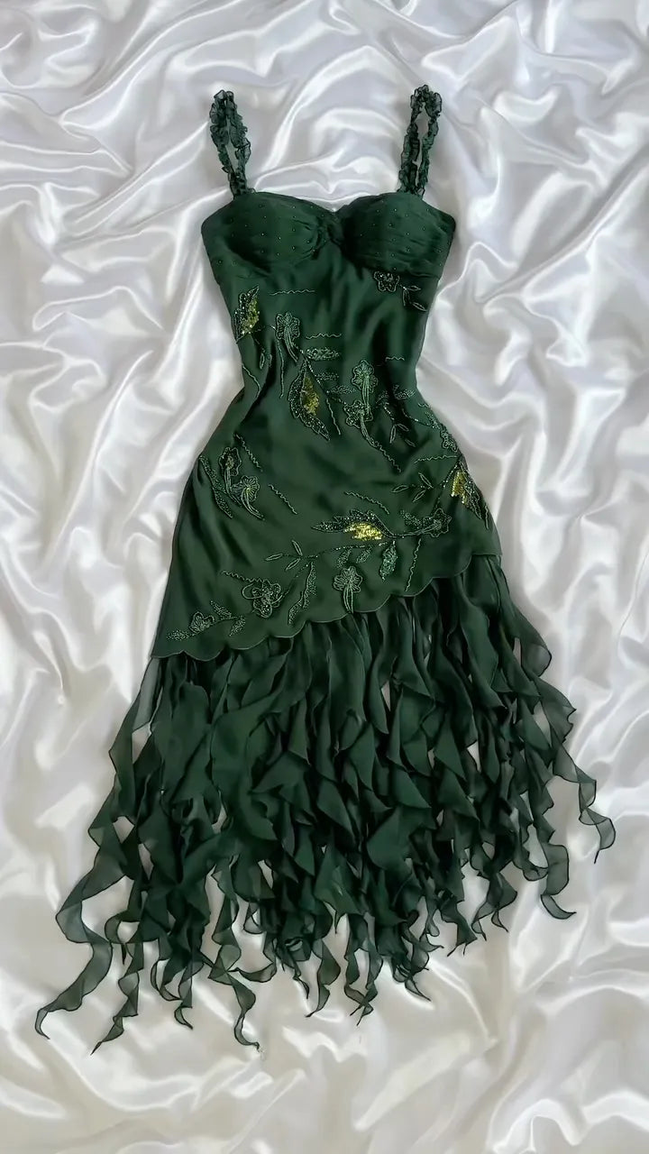 Dark Green Beaded Floral Ruffled Midi Dress