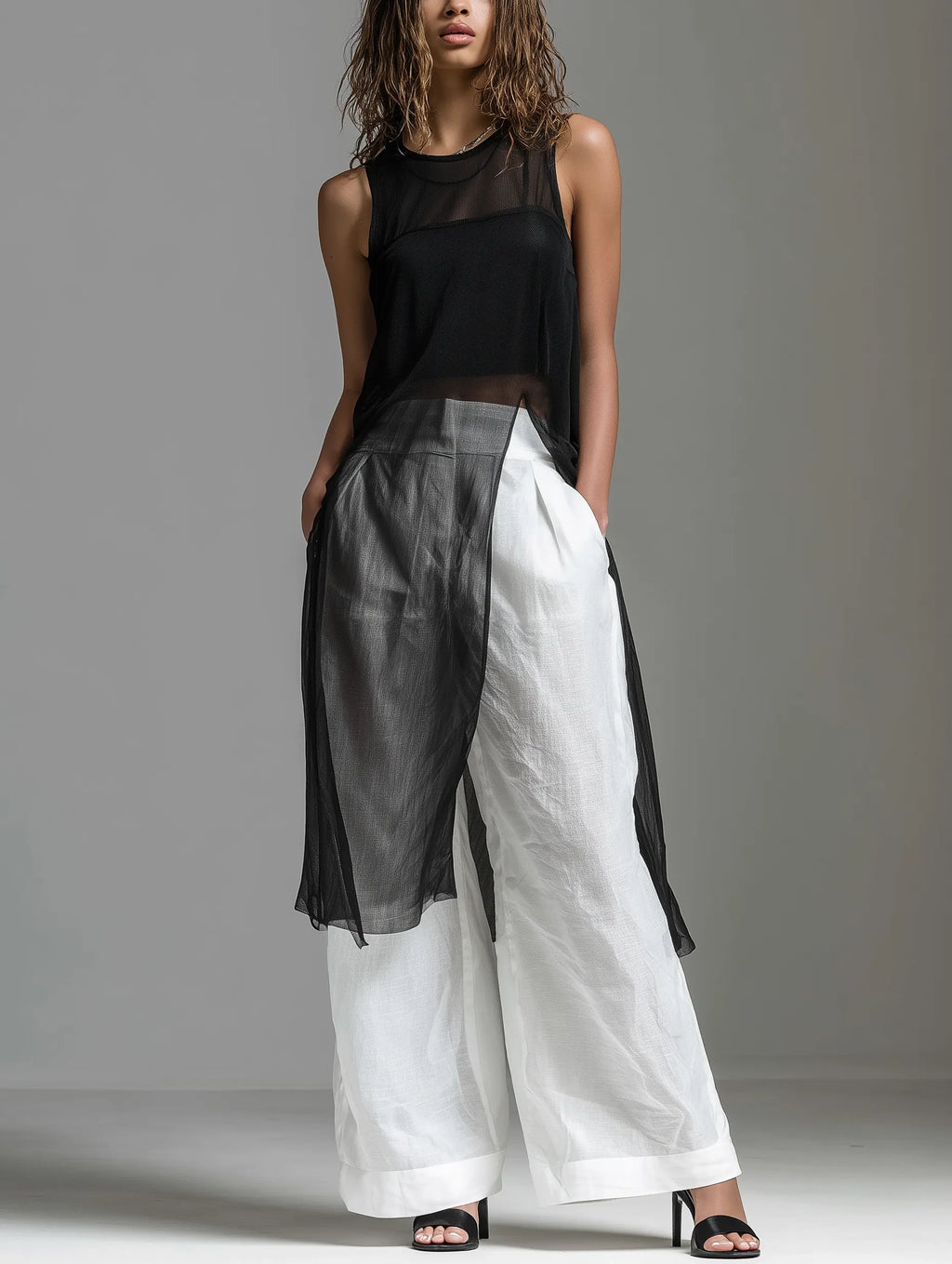 Women's Minimalist Black Chiffon Sleeveless Round-neck Top Paired With White Cotton-linen Trousers (includes Black Camisole) MDZ1625F1LXY