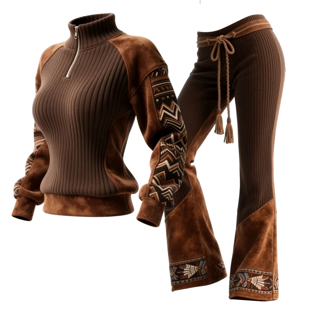 Women's Retro Ethnic Style Stand-up Collar Sweatshirt And Trousers Set, Featuring Vertical Striped Color-blocked Suede.