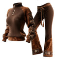Women's Retro Ethnic Style Stand-up Collar Sweatshirt And Trousers Set, Featuring Vertical Striped Color-blocked Suede.