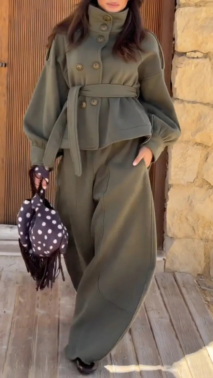 Belted Stand Collar Coat And Wide Leg Pants Two Piece Set