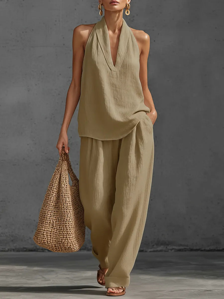 Casual Urban Style White Linen V-neck Sleeveless Top And Wide Leg Pants Set