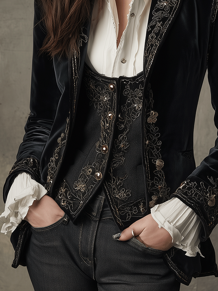 Elegant Black Velvet Embroidered Blazer
