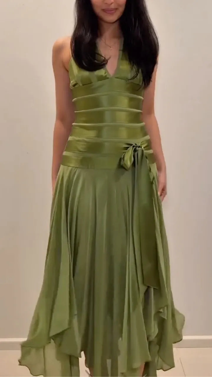 Satin Halter Handkerchief Midi Dress