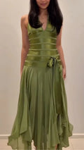 Satin Halter Handkerchief Midi Dress