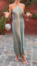 Halter Pleated Metallic Midi Dress