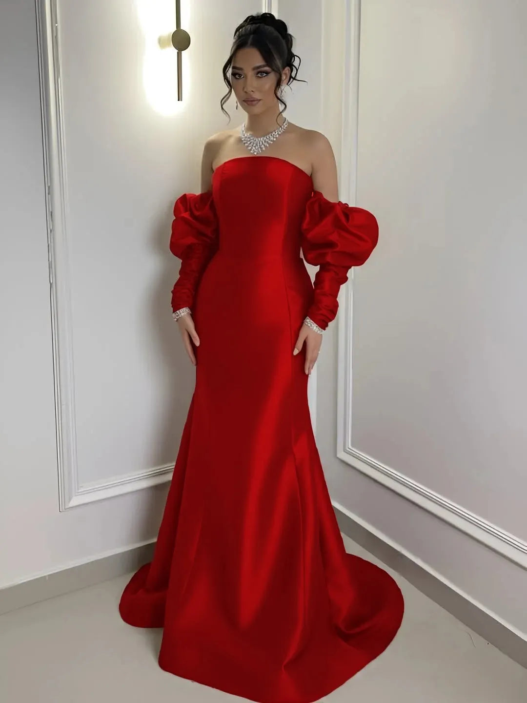 Burgundy Satin Strapless Bubble Sleeves Long Mermaid Prom Dress With Pleated YK0710