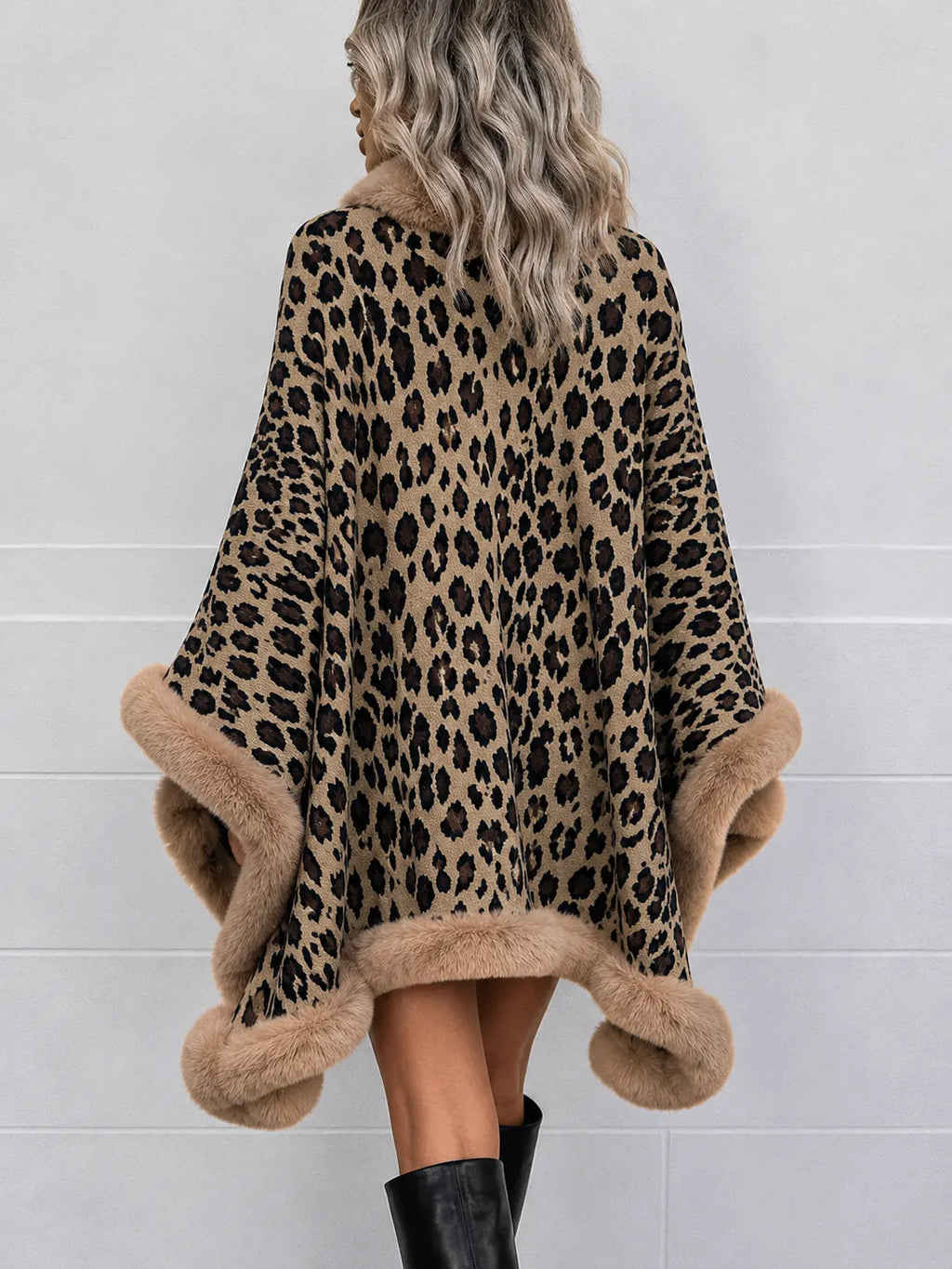 Leopard Faux Fur Trim Poncho
