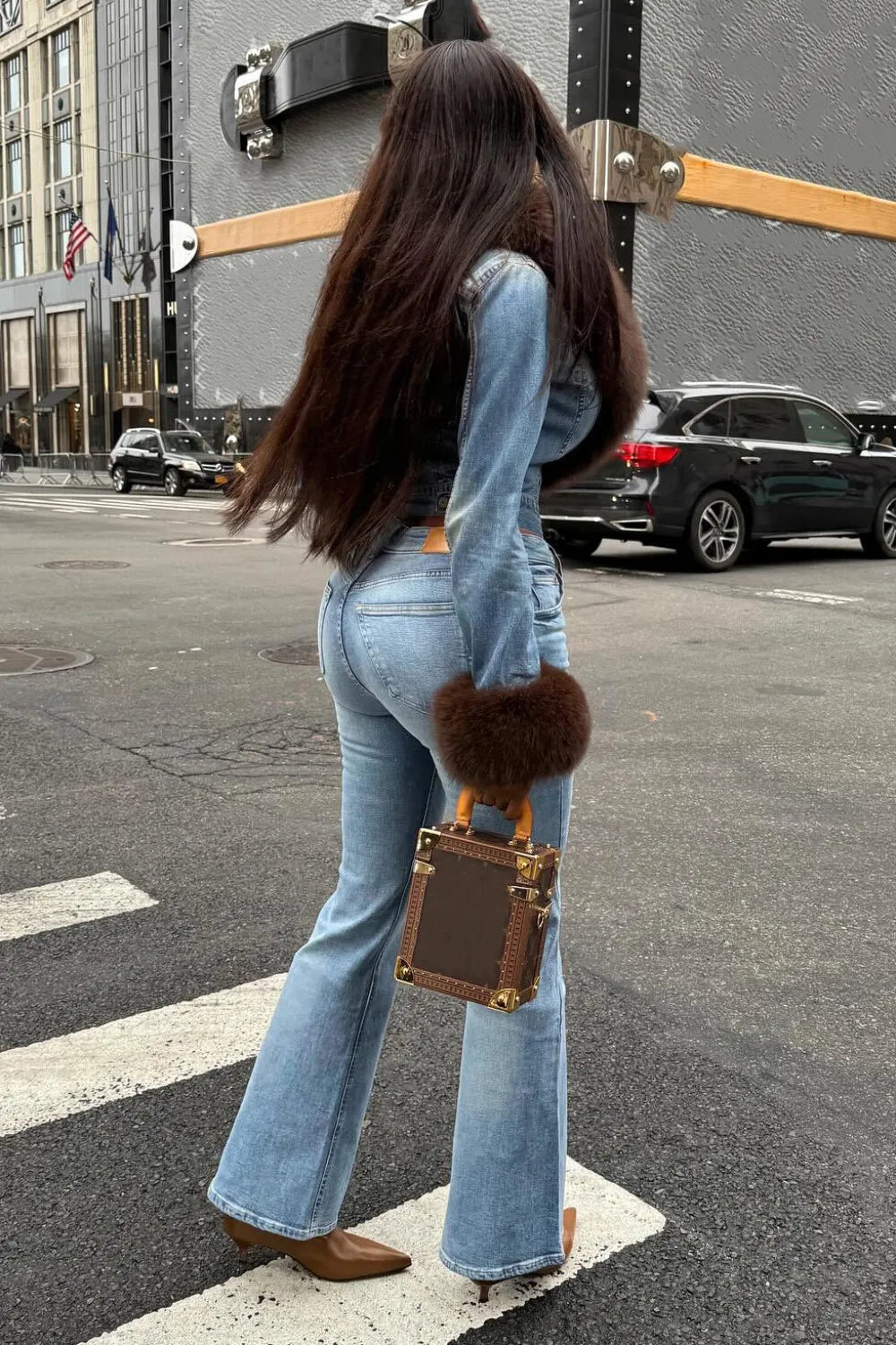 Faux Fur Patchwork Jacket Jeans Casual Denim Matching Set-Blue