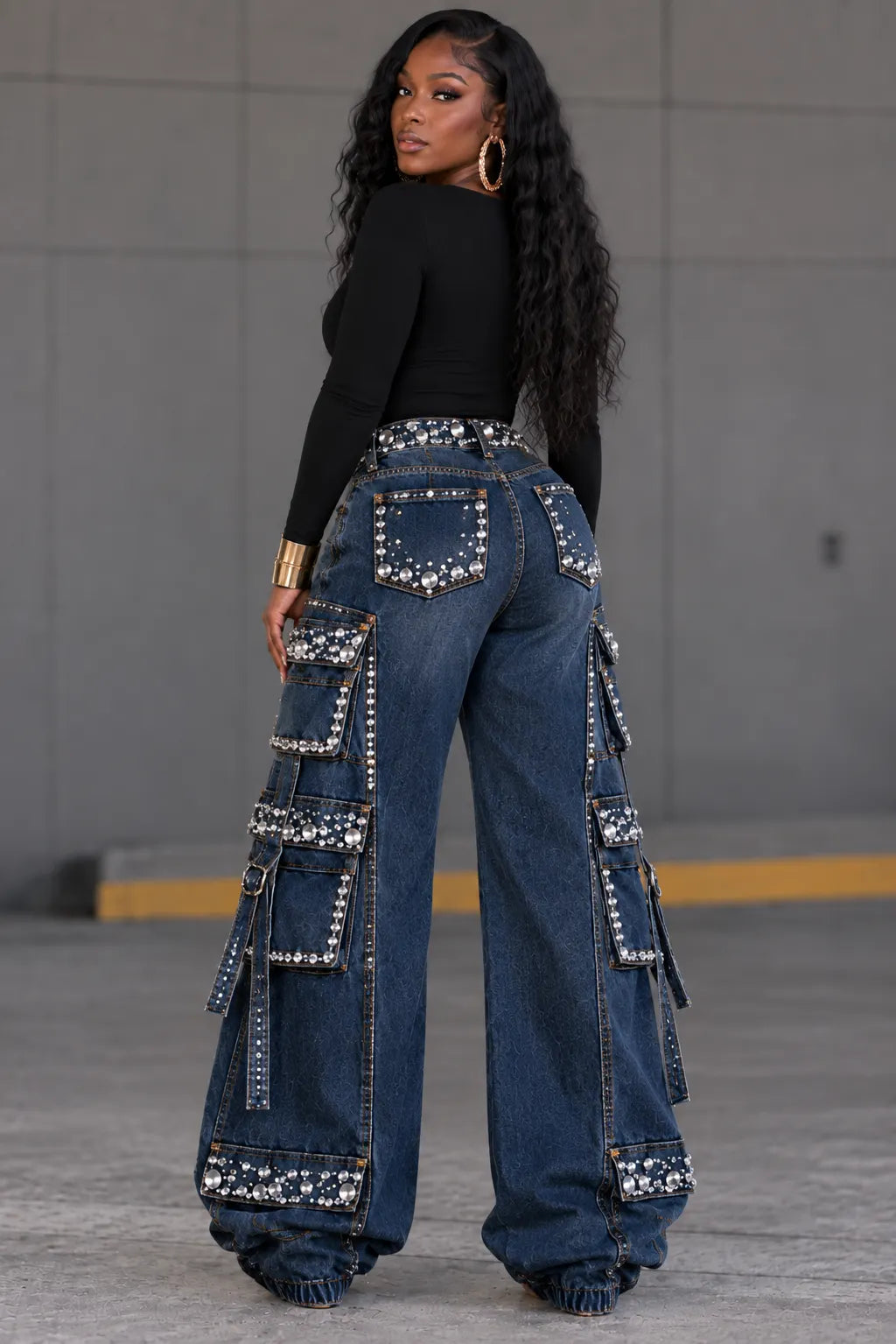 Rhinestone Cargo Baggy Denim Pants