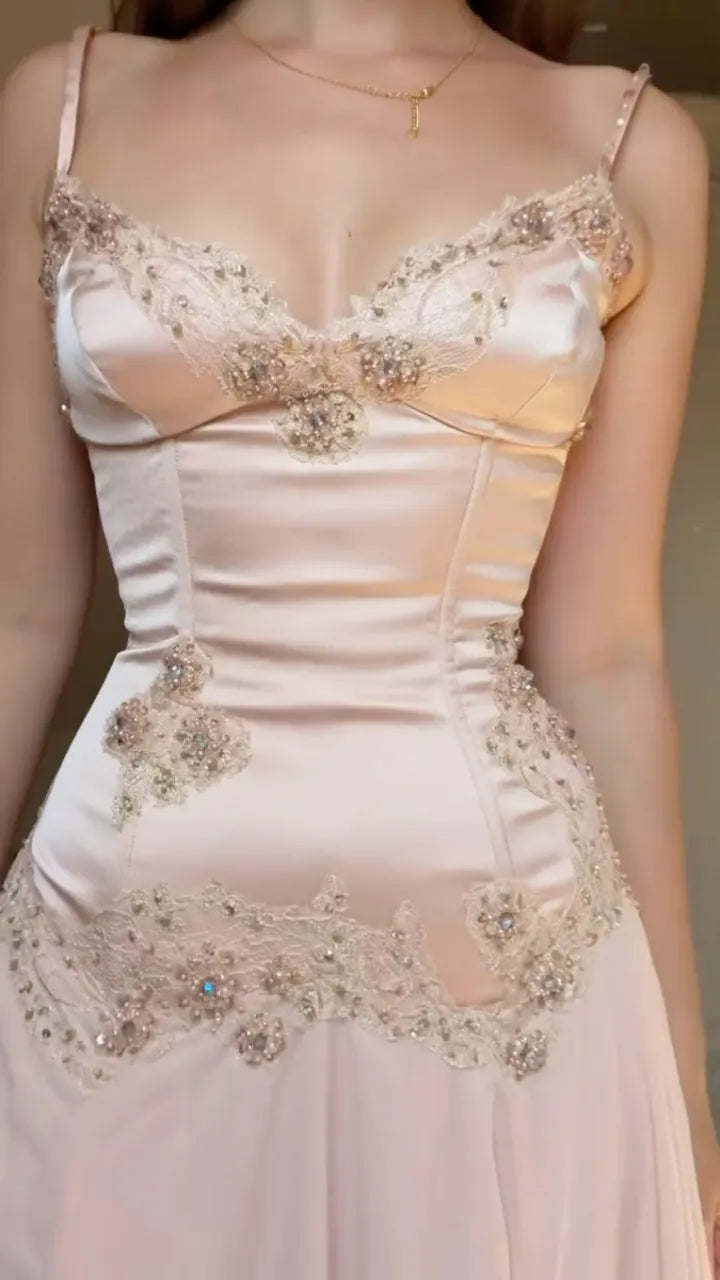 Spaghetti Strap Beaded Chiffon Evening Gown