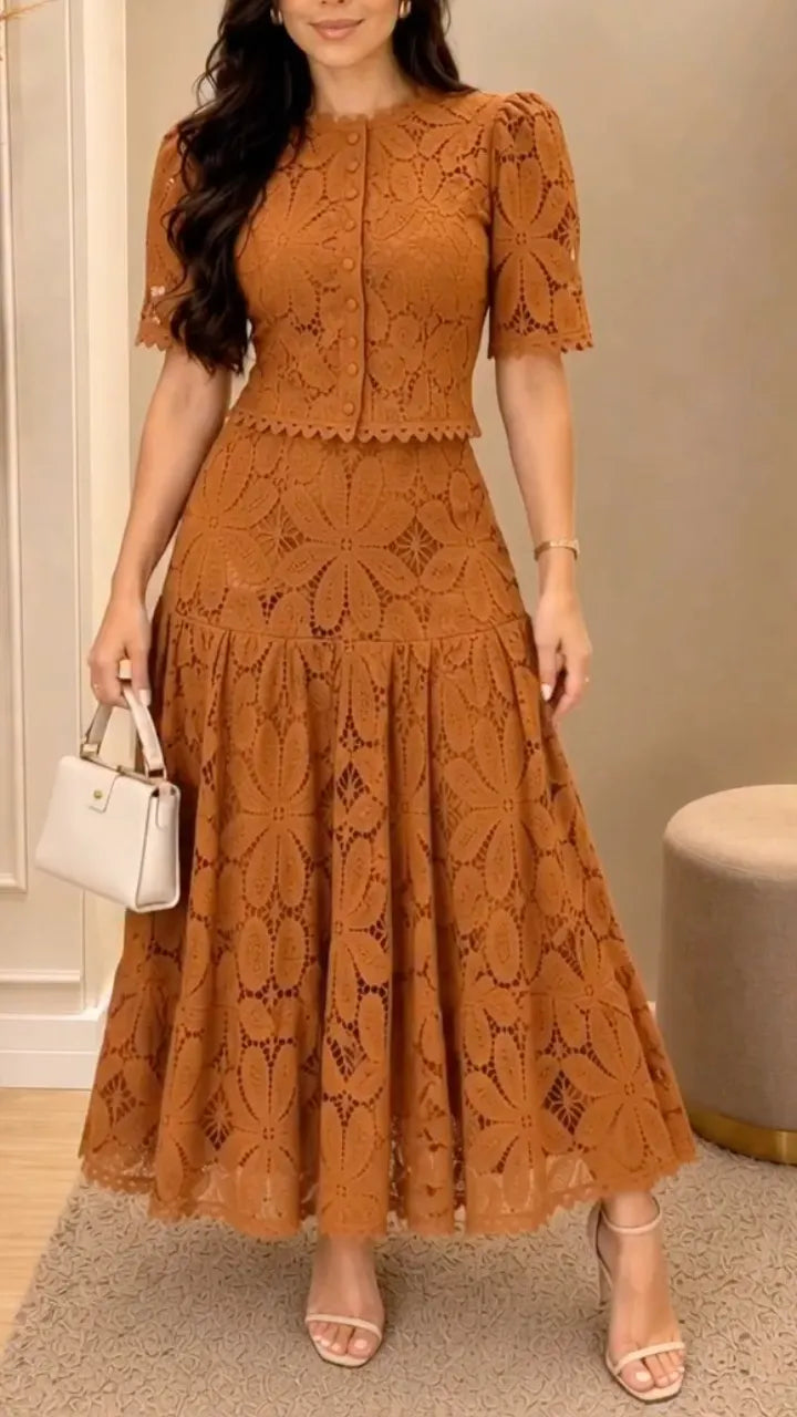 Lace Button Front Two Piece Maxi Dress Set