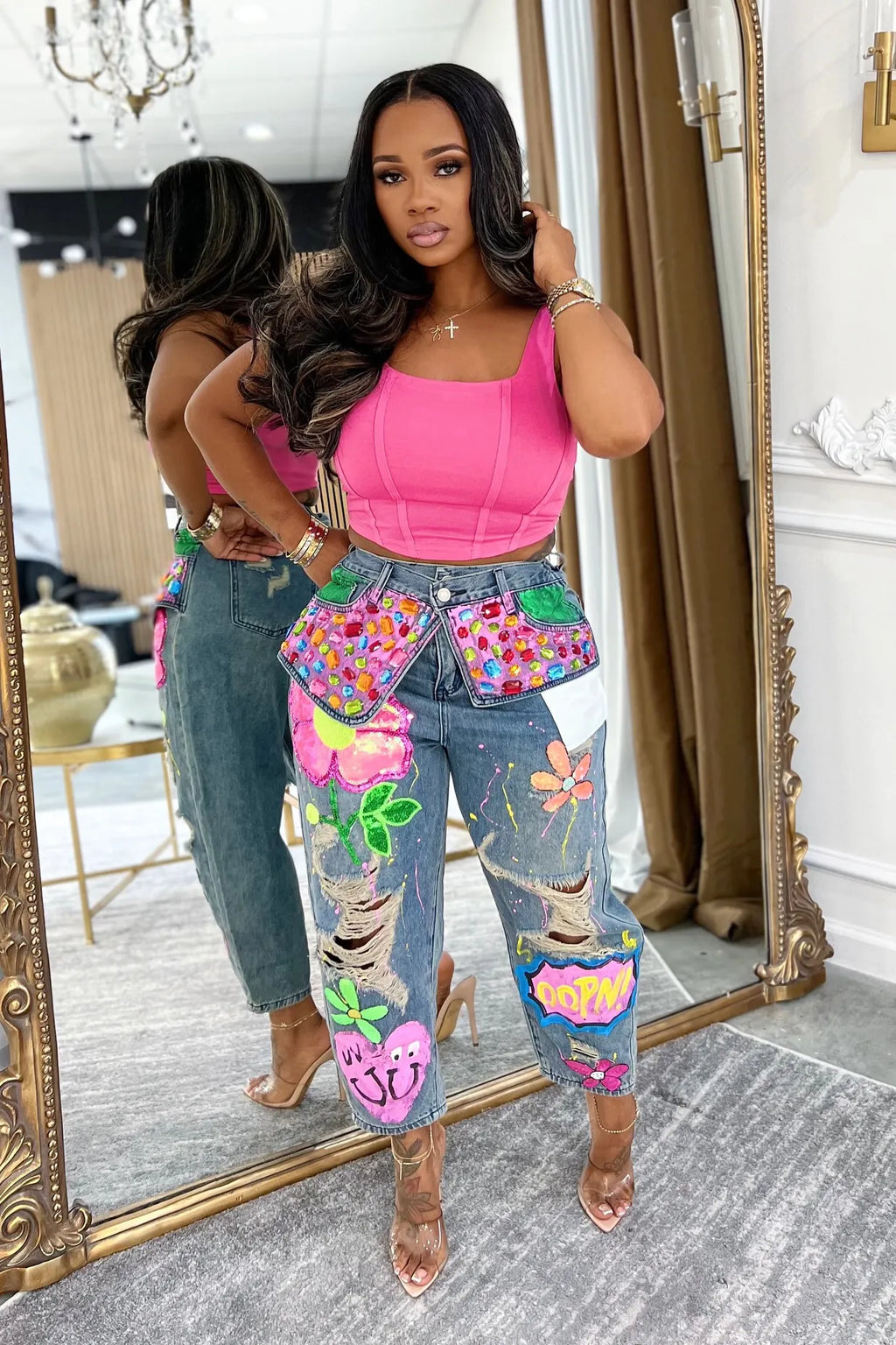 Fashion Rhinestone Washed Ripped Print Jeans