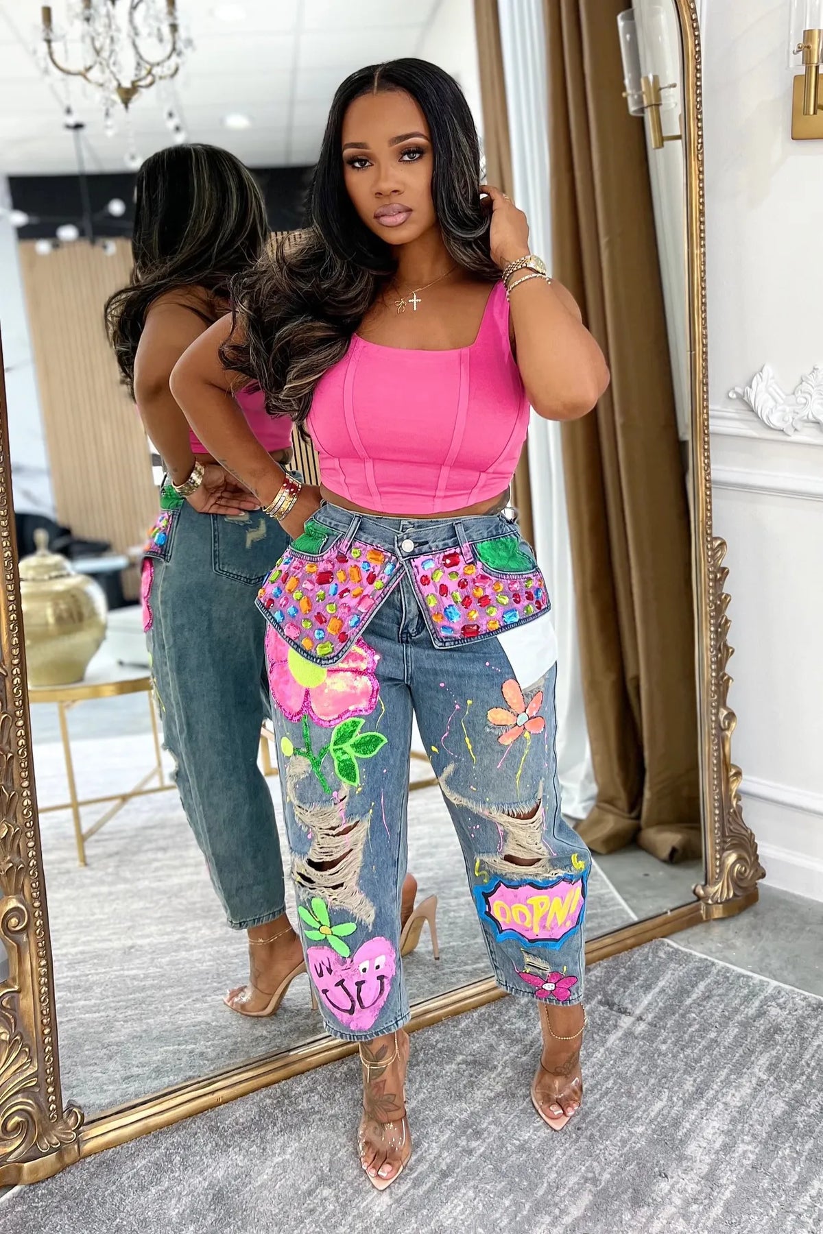 Fashion Rhinestone Washed Ripped Print Jeans