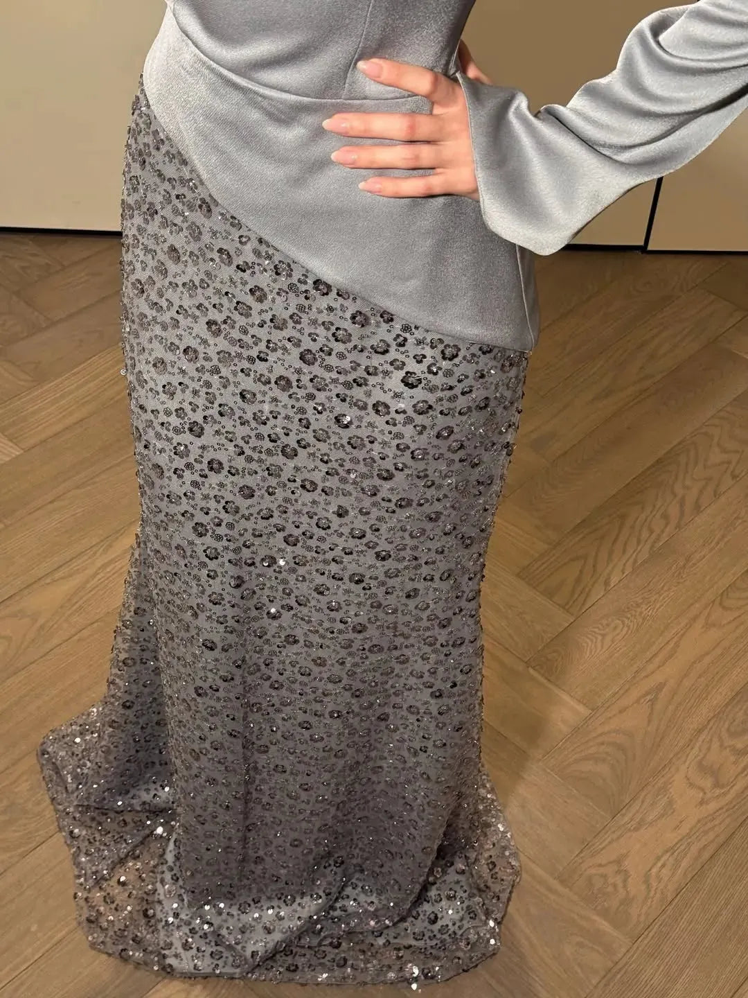Cocoslly High Neck Long Sleeves High Waist Long Prom Dress With Sequin | Dusty Blue Satin CO0039