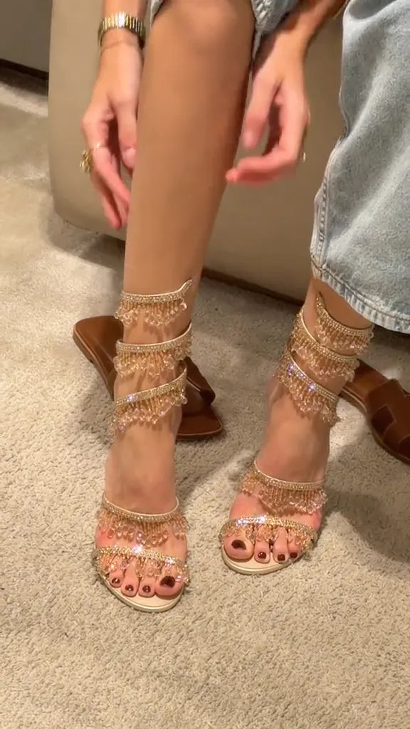 Crystal Fringe Ankle-Strap Stiletto Sandals