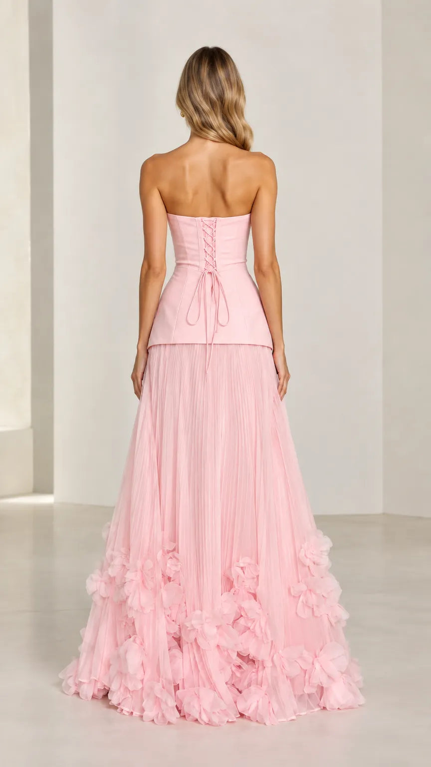 Strapless Corset Drop-Waist Evening Gown with Tiered Tulle Ruffle Skirt