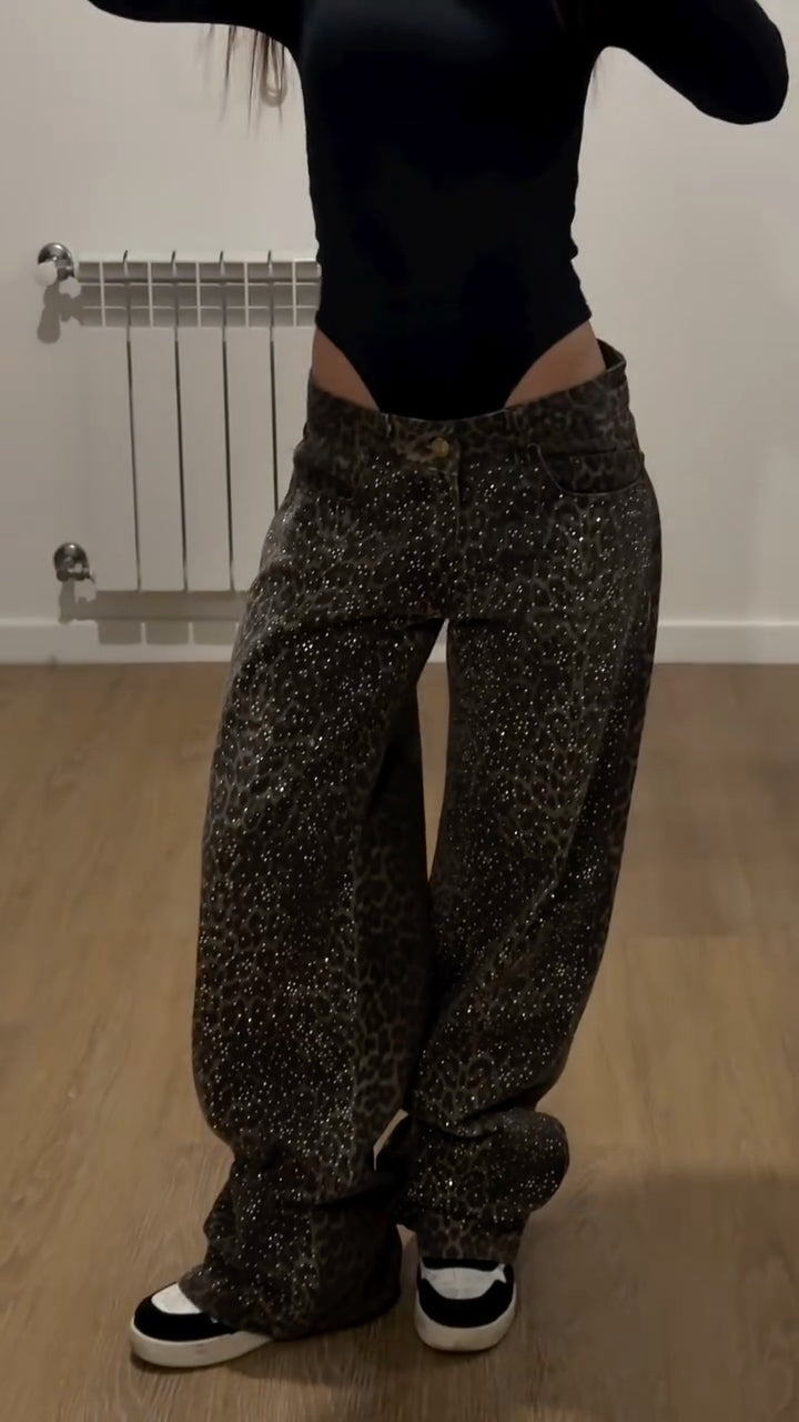 Rhinestone Leopard Print Straight Leg Pants