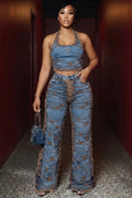 Denim Halter Cut Out Crop Top Wide Leg Pants 2pcs Set-Blue [Pre Order]