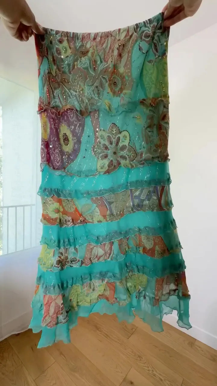 Vintage Floral Print Tiered Ruffle Maxi Skirt