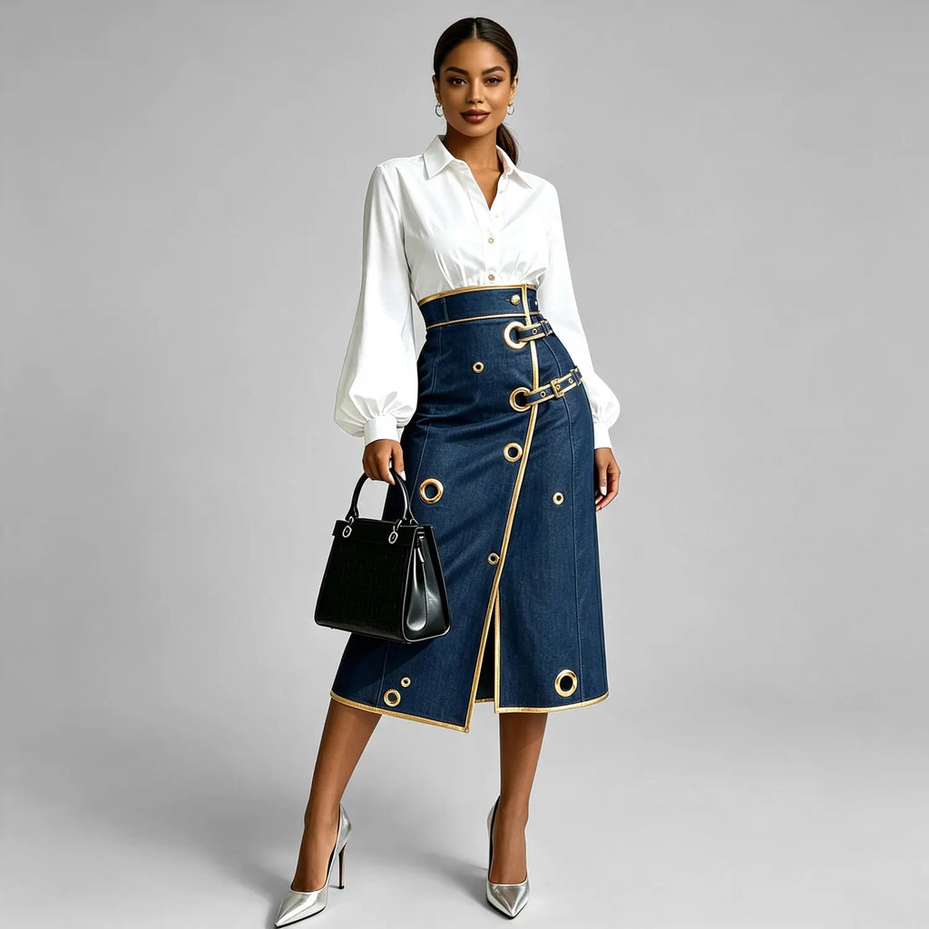 Women's Fashion High Waist Contrast PU Leather Piping Gold Metal Eyelet Hollow Out Split Denim Midi Skirt