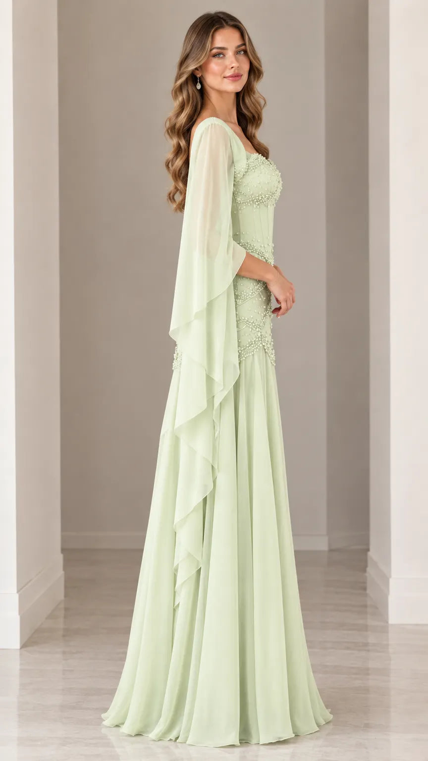 Embellished Pearl Bodice Cape Sleeve Evening Gown