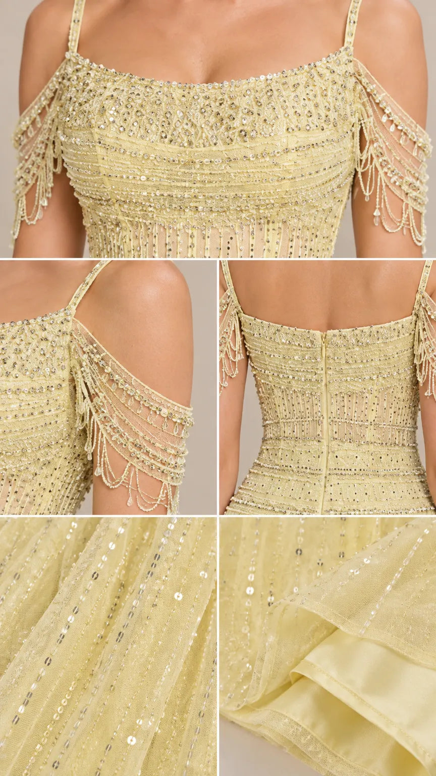 Cold-Shoulder Beaded Sequin A-Line Tulle Evening Gown