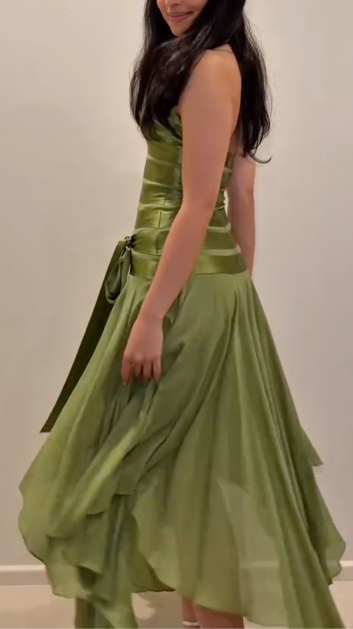 Satin Halter Handkerchief Midi Dress