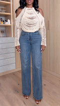 Off Shoulder Fringed Crochet Top With Wide Leg Jeans