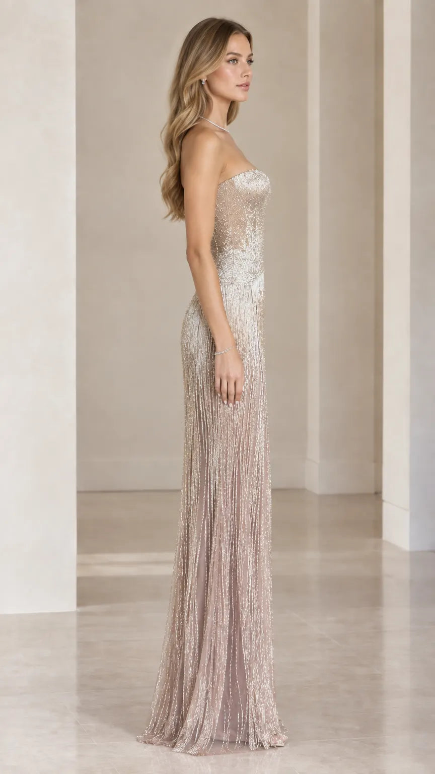 Strapless Beaded Fringe Sequin Maxi Evening Gown
