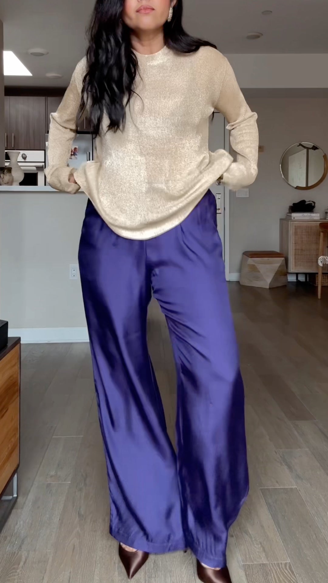 Metallic Knit Top & Satin Wide-Leg Pants Set