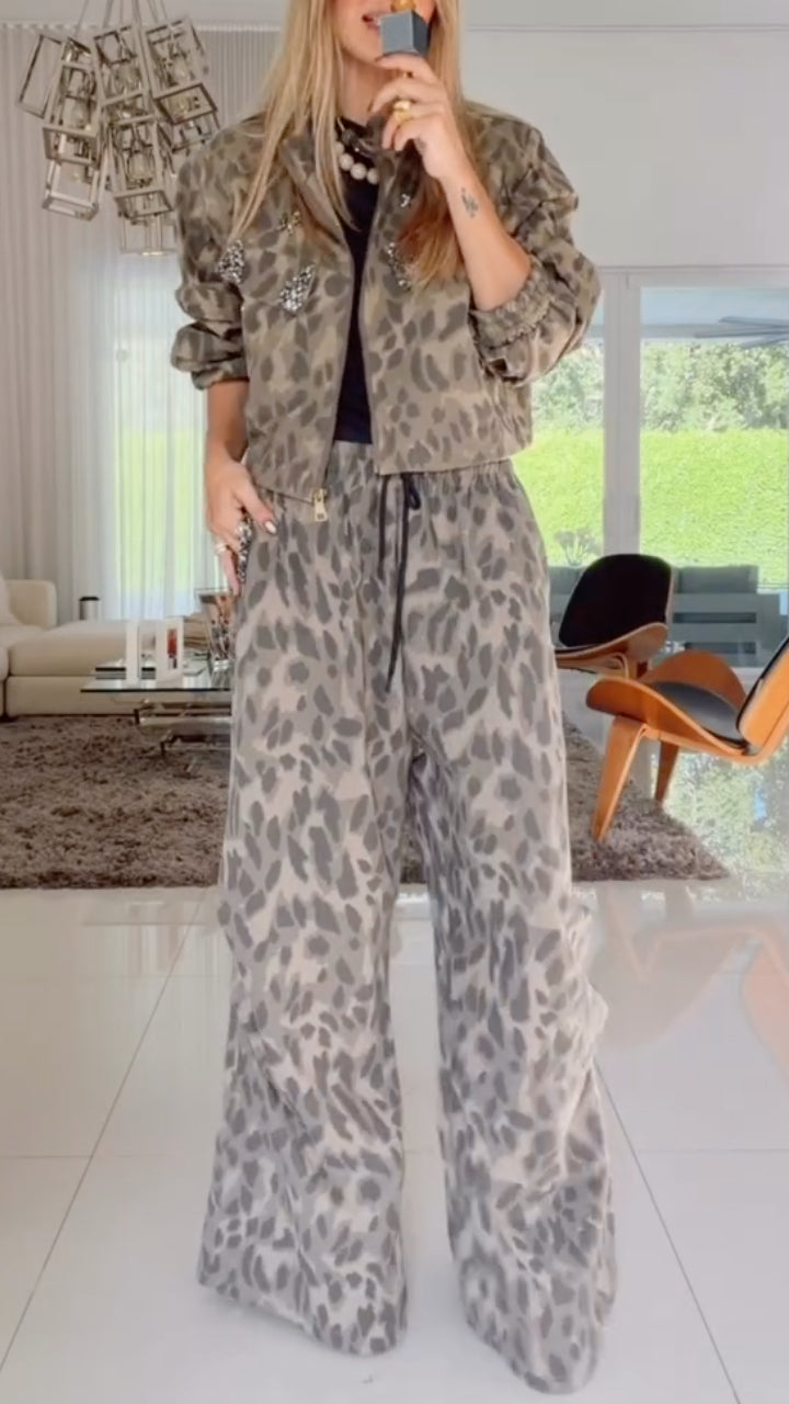 Taupe Leopard-Print Jacket and Wide-Leg Pants Set
