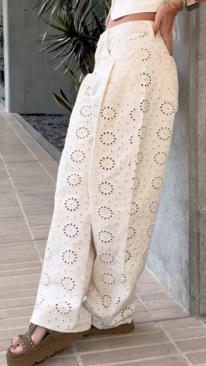 Eyelet Embroidered Wide Leg Pants