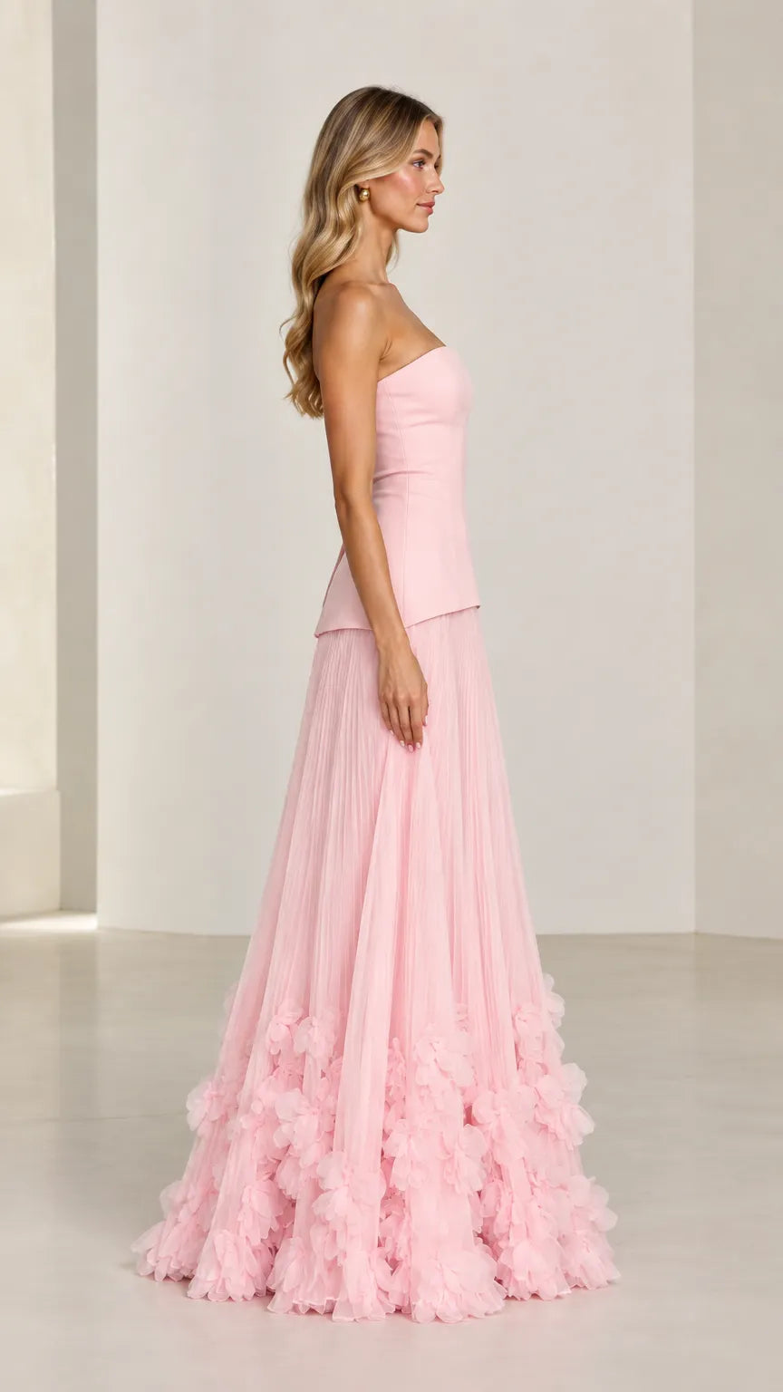 Strapless Corset Drop-Waist Evening Gown with Tiered Tulle Ruffle Skirt