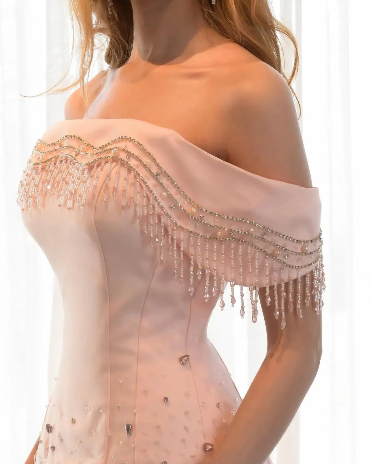 Cocoslly And Tulle Off-The-Shoulder Sleeveless High Waist Long Mermaid Prom Dress With Rhinstone | Pink Satin Pink Satin