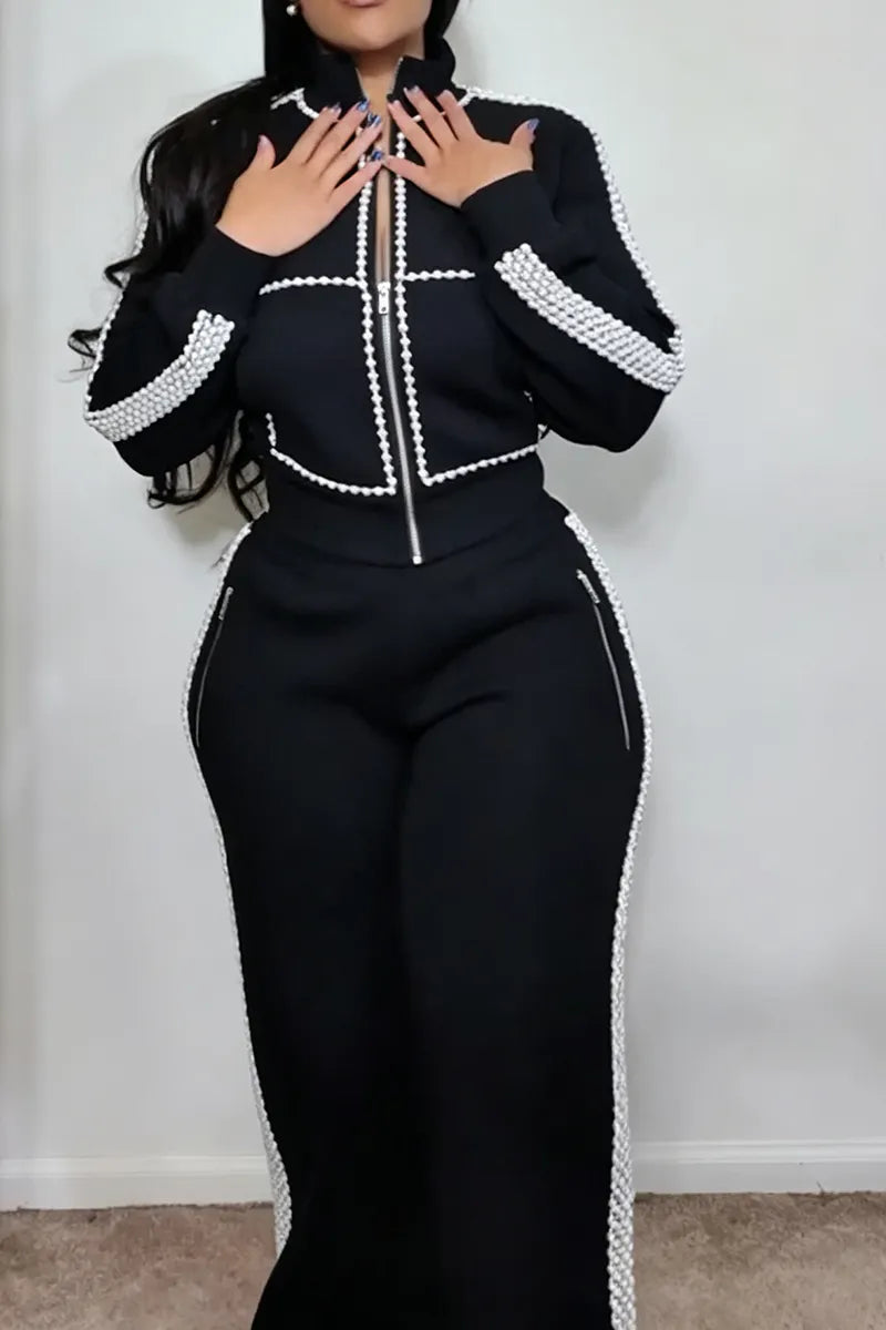 Women's Casual Beads Decoration Short Jacket or Pants