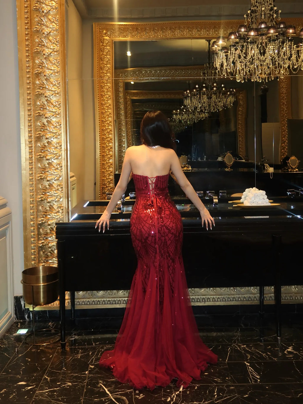 Cocoslly Strapless Sleeveless High Waist Long Mermaid Prom Dress With Sequins | Burgundy Tulle CO0162