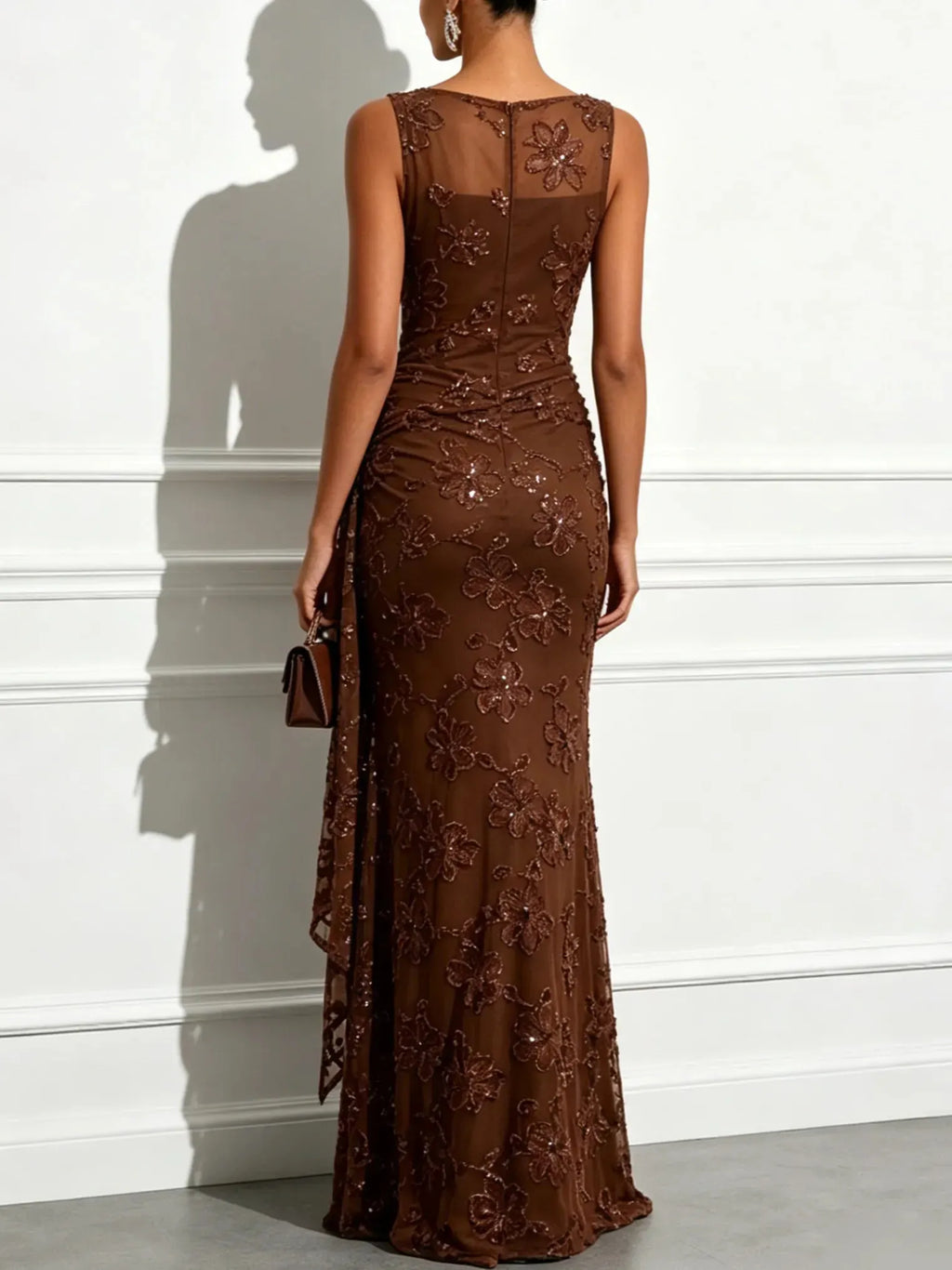Brown Jacquard Classic Boat Neck Sleeveless Sheath Floor-length Gown Dress