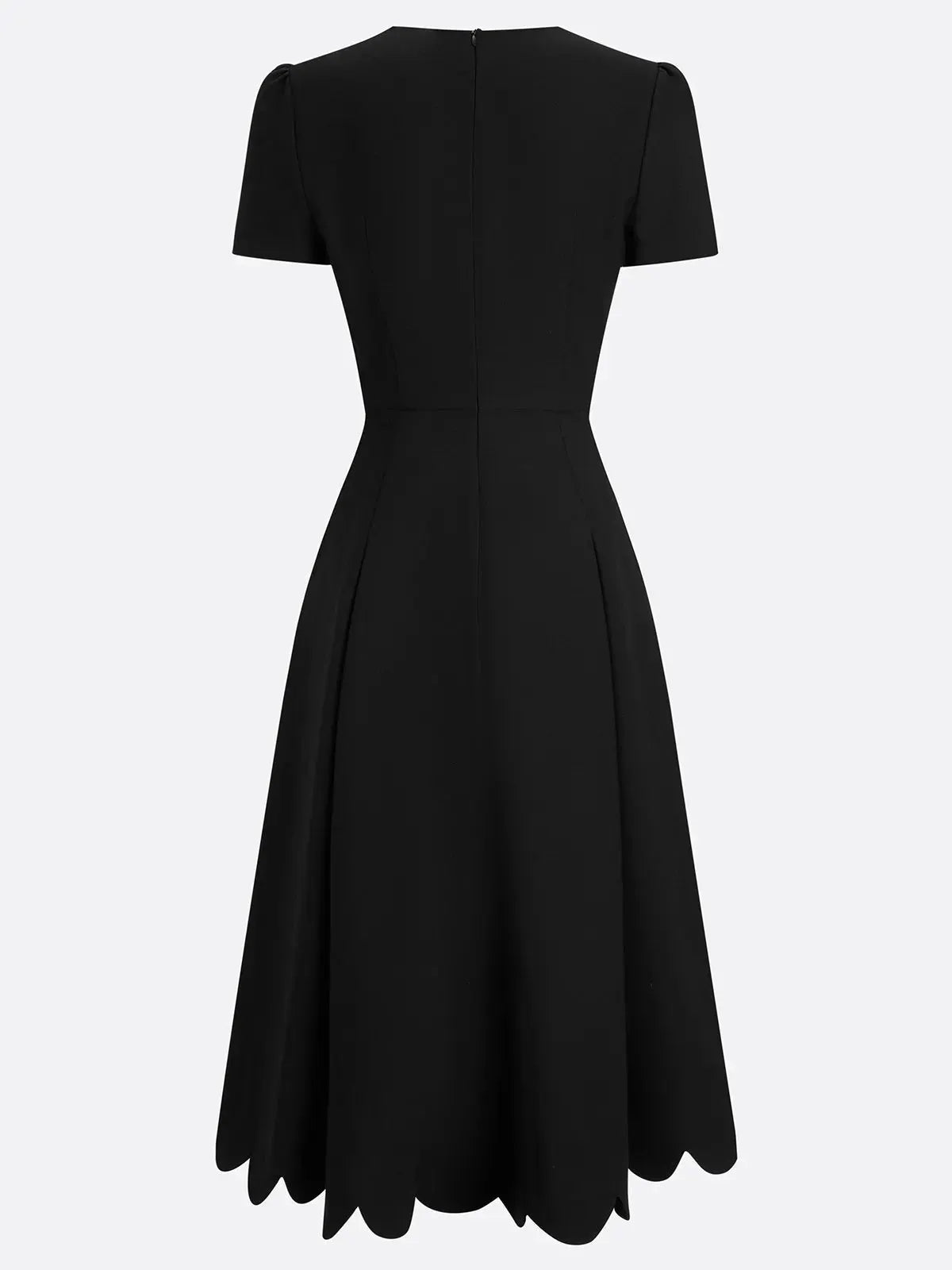 Black Asymmetric Classic Scalloped Square Neck Short Sleeve A-Line Midi Dress