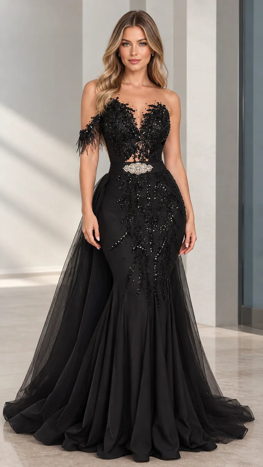 Off-Shoulder Sequin Feather Mermaid Evening Gown with Flowing Overskirt