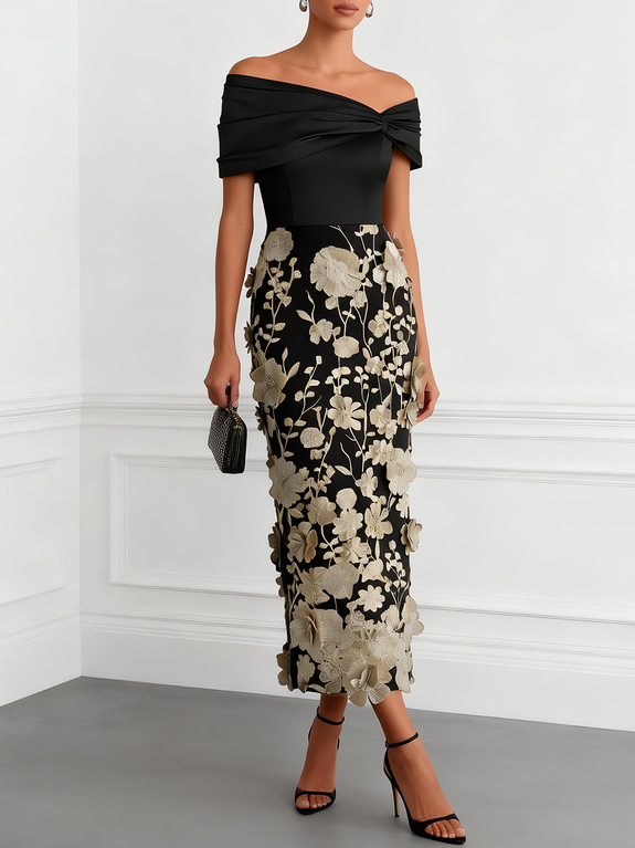 Navy Blue 3D Floral Applique Classic Off The Shoulder Short Sleeve Sheath Midi Dress