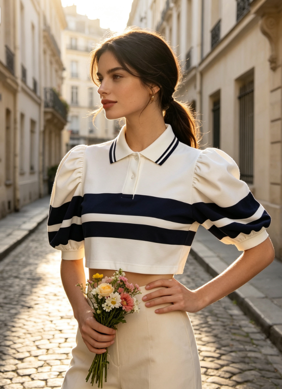 Puff Sleeve Striped Polo Shirt Romantic Tennis